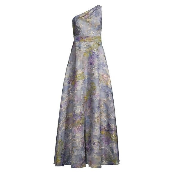 Aidan Mattox Womens Metallic Jacquard One Shoulder Gown Dress blue 8